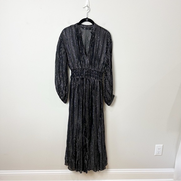 Zara Metallic Stripe Dress Black Silver Notch Collar Beaded Trim - Picture 5 of 11